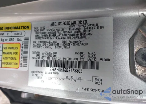 2013 Ford Fusion Se z USA, uszkodzony, nr VIN 3FA6P0HR6DR173803